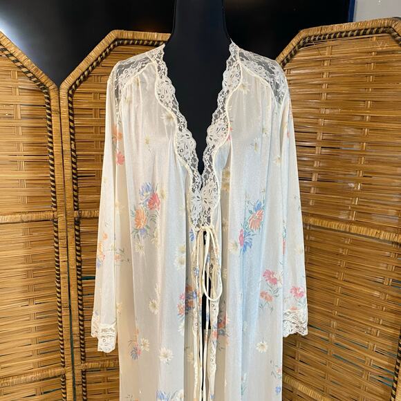 Vintage Gilead Floral Lace Nylon Robe Medium 70s Peignoir Cottagecore Nightgown - Picture 6 of 11